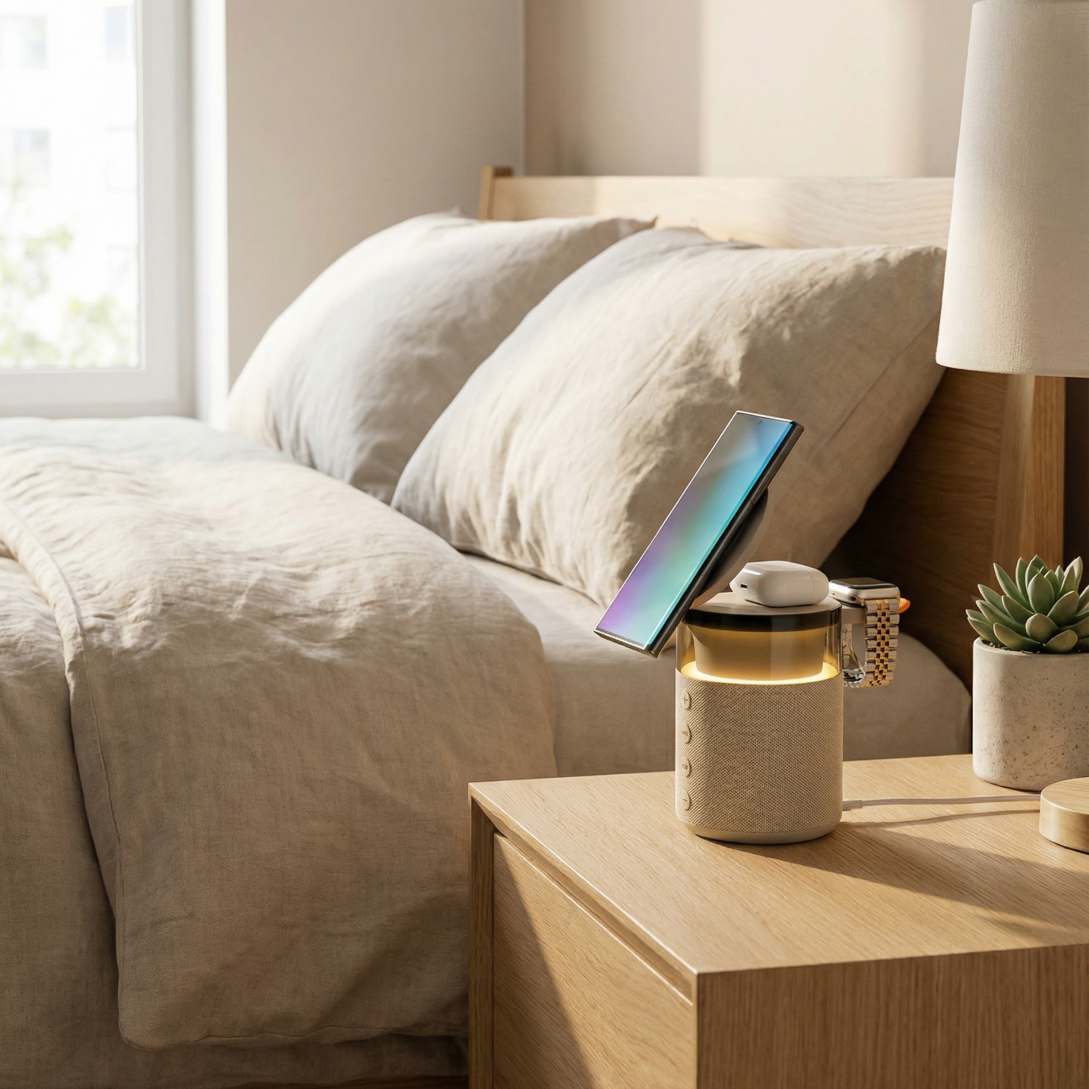 Smartphone on a nightstand next to a bed with soft lighting