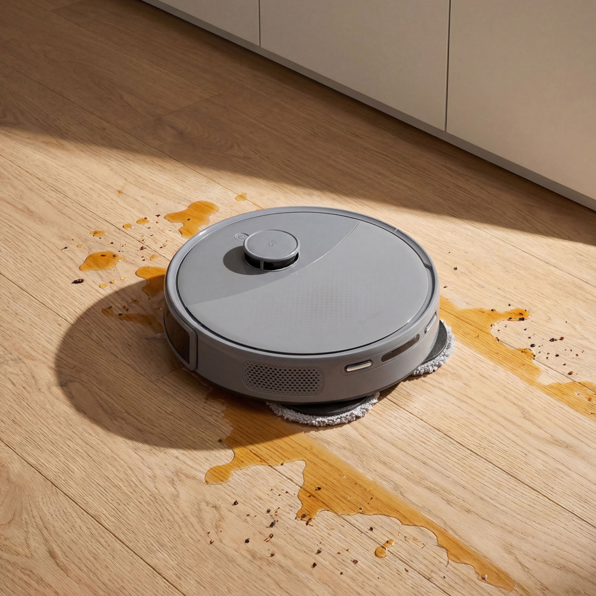Robotic vacuum cleaner on a wooden floor with spills
