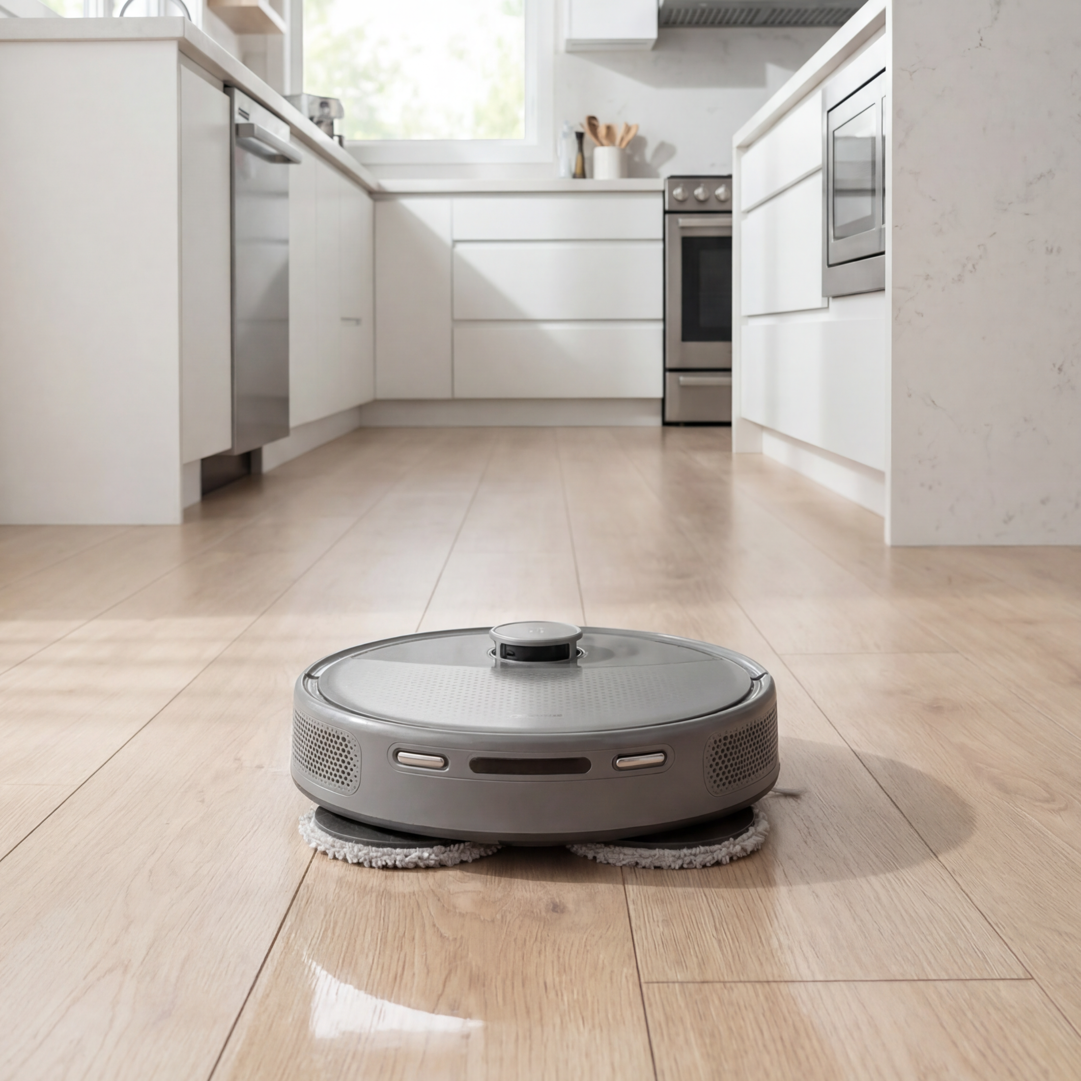 Robotic vacuum cleaner on a wooden floor in a modern kitchen